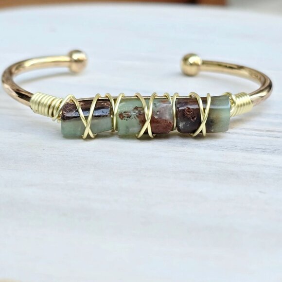 Australian Jade Wire Wrap Bracelet In 14Kt Gold Over Copper – Handmade & NWT - Picture 4 of 9